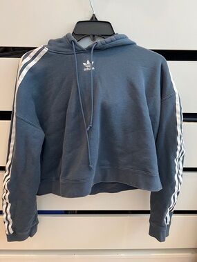 adidas Cropped Hoodie in Slate Blue with White Stripes